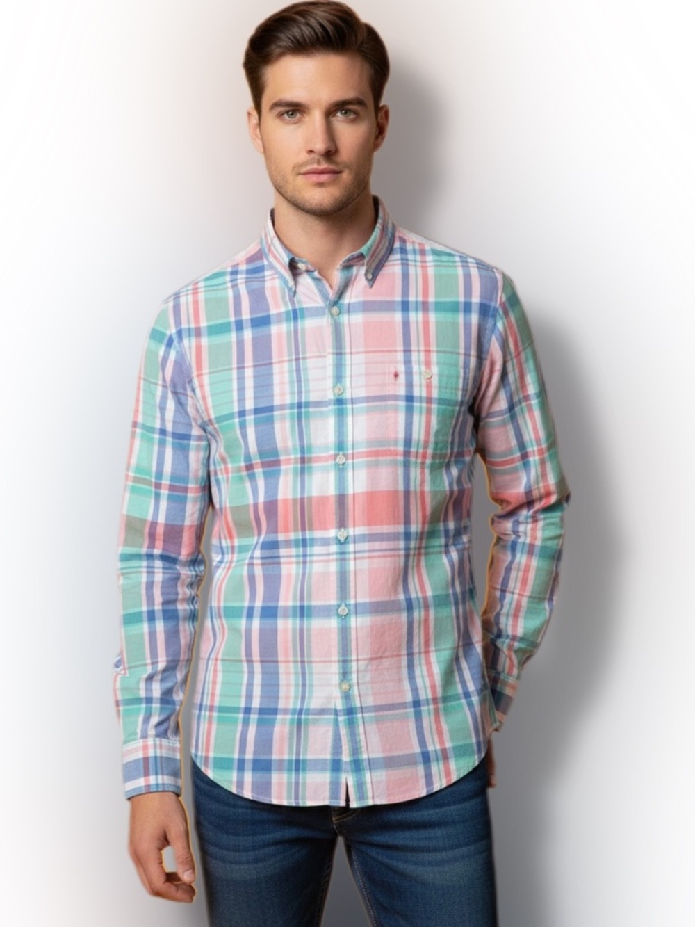 NWT IZOD Saltwater Dockside Chambray Mens XL Plaid Button Down Shirt Pastel